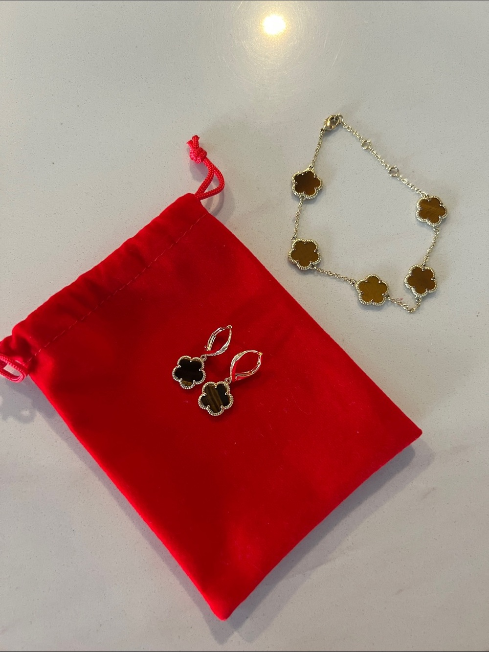 Jankuo 14K Gold-Plated Gold-Tone Clover Drop Earrings and Bracelet Set in Brown